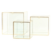 Vitrines en verre, boîtes cubiques dorées, présentoirs pour bijoutiers, emballage et présentoir avec base miroir, boîte de luxe en métal et en verre