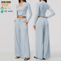 Ensemble de sport côtelé rayé personnalisé pour femme : Cardigan ouvert avec soutien-gorge intégré, pantalon large respirant pour gym et yoga