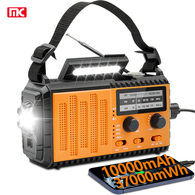 Portable Rechargeable Emergency Solar Hand Crank AM/FM Radio USB Phone Charger 10000mAh Power Bank SOS Signal Flashlight 5W