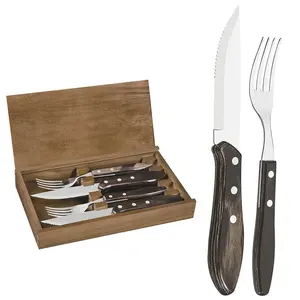 क्लासिक 4pcs धातु स्टेनलेस स्टील स्टेक चाकू रसोई लकड़ी संभाल स्टेक चाकू और कांटा कटलरी सेट