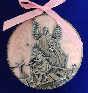 Medaglie Religiose con Angelo per Culla e Preghiera per Bambini con Nastro in Raso, Lega di Zinco Placcata Argento, Stampa Serigrafica - Product Image 1