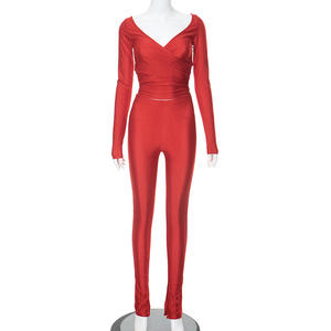 วิวิบลูค G22ST201 ชุดเซ็ตสองชิ้นสำหรับผู้หญิงใหม่ เสื้อคอวีไขว้สีพื้นแขนยาว กางเกงขายาว ชุดลำลอง - Product Image 2