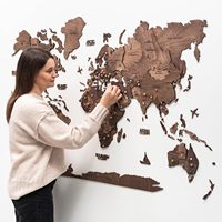 Carte du monde en bois 3D pour mur - Décoration murale, carte de voyage avec épingles, grande carte décorative du monde pour la maison