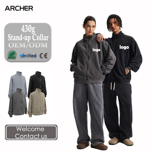 Ensemble de survêtement unisexe vintage délavé 2 pièces avec veste zippée à col montant et sweat à capuche oversize <span class=keywords><strong>pour</strong></span> homme - Product Image 1