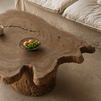 Mesa de Centro de Madera Sólida Wabi Sabi, Irregular, Hecha a Mano con Borde Natural de Tronco de Árbol, para Sala de Estar