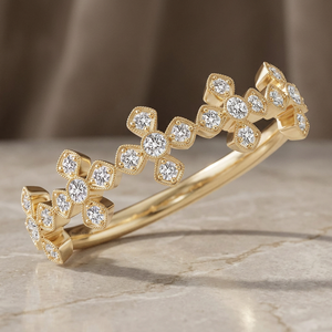 Anillo de Boda Abierto con Diamantes Cultivados en Laboratorio de Corte Redondo y Diseño Floral en Oro de 10K, 14K, 18K y Plata 925, 935 - Product Image 1