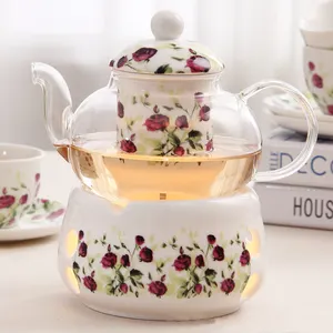 High Quality Elegant Ceramic Porcelain Glass Teapot Set Flower Design Tea Pot With Stand Warmer