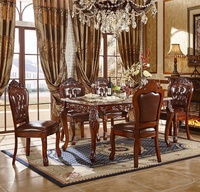 Ensemble de table et chaises de salle à manger en marbre royal européen, table rectangulaire en bois massif sculpté, style rétro