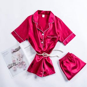 睡衣女式真丝短裤短袖开衫翻领纯色10色居家服务套装睡裙 - Product Image 6