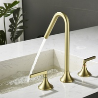 Robinet de salle de bain haut à col de cygne, finition or brossé, 3 trous, levier fin, avec indicateur chaud/froid pour lavabo