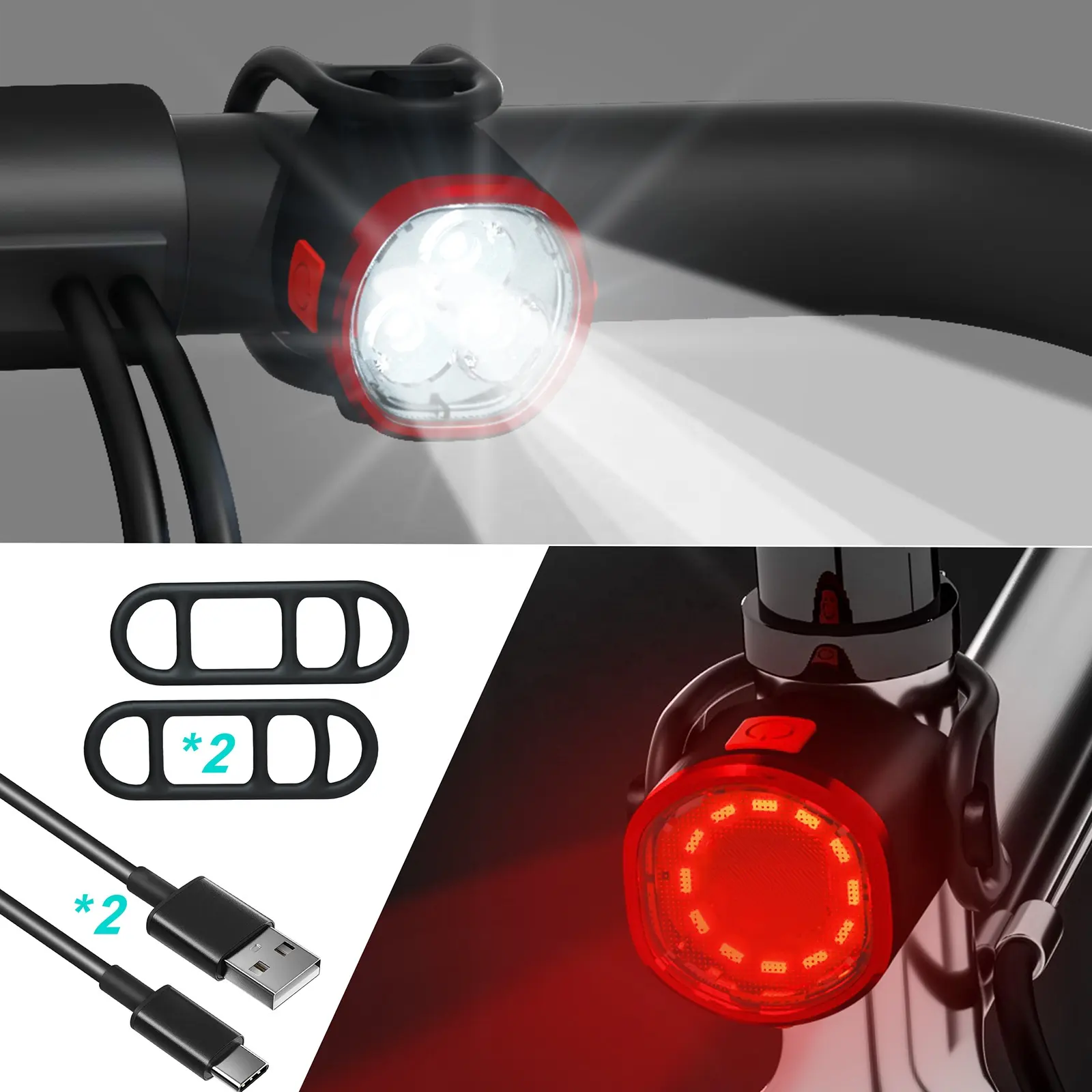 2022 UMIONE 300mah Battery 3 Light Mode Options LED Bicycle Lights Front And Rear Easy to Install Rechargeable Bike Light Sets