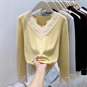 V-neck Lace <b>Patchwork</b> Women's Sweater Slim Fit Knitted <b>Top</b> Early Spring Korean Style Base Layer Anti-Pilling - Product Image 1