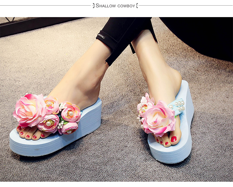 Fashion ladies flower rose upper female shoes anti- slip thick platform casual flip flops sandals for women