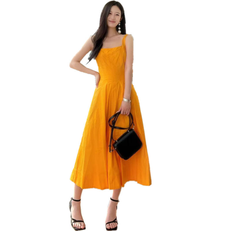 TAOP&ZA 2023 Summer New Women's Wear Orange Poplin Shoulder Straps Halter Waist Slim Long Dress Sling Dress 2711554