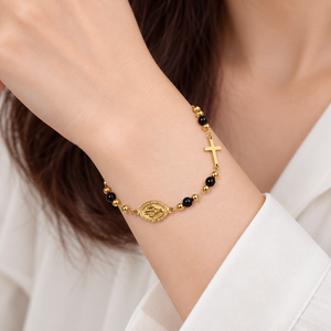 Black Bead Cross <b>Medallion</b> Bracelet , Stainless Steel, 18K <b>Gold</b> Vacuum Plated, 160mm + 40mm - Product Image 5