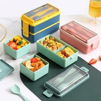 Boîte à lunch bento double couche en plastique, récipient alimentaire compatible micro-ondes, hermétique, 3 compartiments, portable pour le bureau et l'école