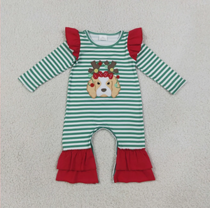 Barboteuse d'été respirante pour bébés garçons, à rayures vertes, avec volants rouges, imprimé renne et chien, manches bouffantes, en soie de lait/coton - Product Image 6