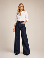 Celana Jeans Wanita Warna Indigo Tua Vintage Jacquard Pinggang Tinggi Model Kaki Lebar