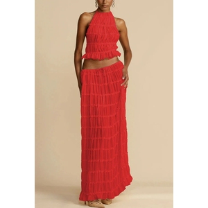 <b>Sexy</b> Backless Hanging Neck Strap Pleated Lace Lace Vest Women's Long Skirt <b>Set</b> Fashion - Product Image 4