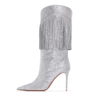 Bottes hautes personnalisées pour femmes avec pampilles et diamants de luxe, talons aiguilles sexy à bout pointu, chaussures fantaisie en daim, bottines longues pour femmes - Product Image 1