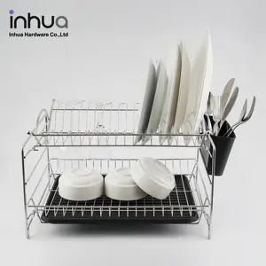 Large capacity storage dish rack iron double-layers assembly dish drying rack with red wine holder for kitchen