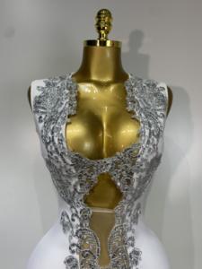 <span class=keywords><strong>Abito</strong></span> da donna a fascia, aderente, corto, scollo a V, con cut-out, bianco, con paillettes argentate, scintillante, per feste, club, matrimoni, compleanni, serate - Product Image 5