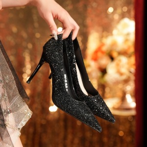 6681-23 Glitter <b>Black</b> <b>Pumps</b> Pointed Toe Stiletto Heel Super High Formal Shoes Party Wedding Dressy Wear - Product Image 3