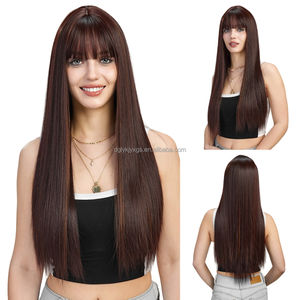 WH29 vente en gros de perruques synthétiques perruques droites de 26 pouces de <span class=keywords><strong>long</strong></span> vin rouge <span class=keywords><strong>avec</strong></span> <span class=keywords><strong>frange</strong></span> cuir chevelu simulé fendu moyen pour les <span class=keywords><strong>cheveux</strong></span> des femmes - Product Image 3