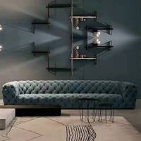 Ensemble de salon de style classique de luxe, canapé Chesterfield en cuir bleu moderne italien, trois places