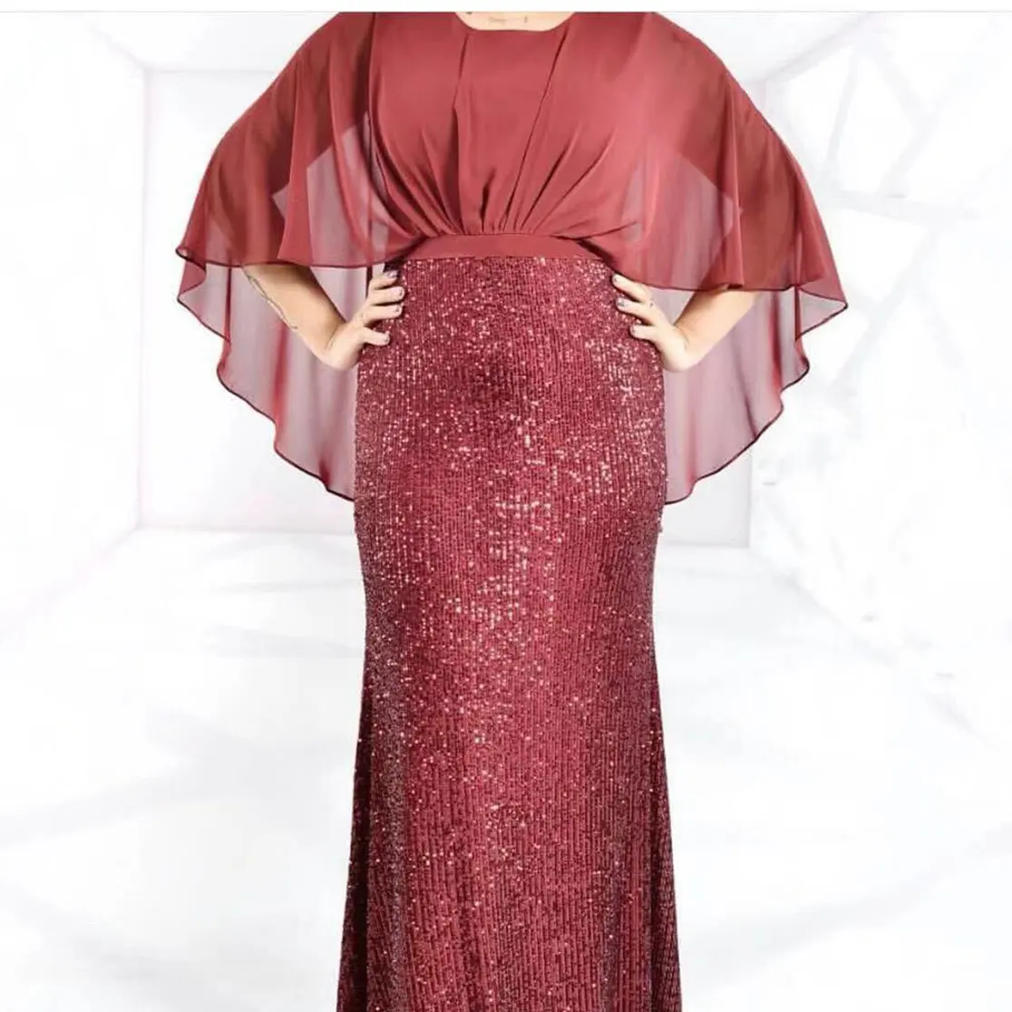 2022 moda donna europa abito da sera con paillettes Lady Chiffon manica a pipistrello o-collo tinta unita Africa Plus Size abito lungo