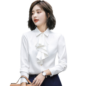 White Ruffle Front Shirt Women Polyester Solid Color Anti-Wrinkle Workwear Spring Autumn Professional Office Wear - Product Image 5