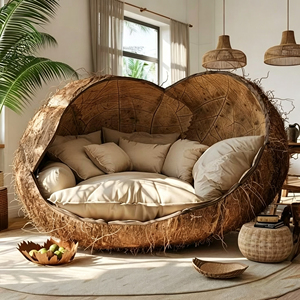Fauteuil de salon texturé en coquille de noix de coco naturelle, en forme d'œuf, pour la décoration de salon de style Wabi Sabi - Product Image 1