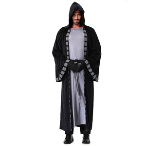 Capa con capucha de mago medieval para Halloween, túnica larga gris con cinturón y guantes, disfraz de cosplay para hombres, juego de rol para adultos - Product Image 3