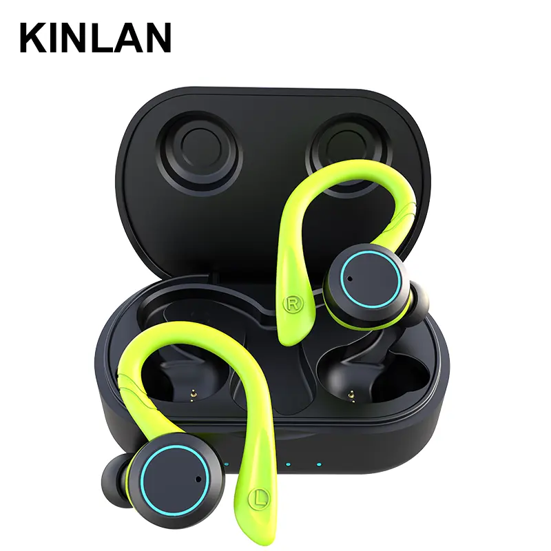 Green Sport headset Bluetooth nirkabel, earbud Game nirkabel IPX7 anti air, Earbuds TWS
