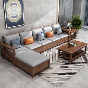 Set di Divani <span class=keywords><strong>in</strong></span> Pelle con Struttura <span class=keywords><strong>in</strong></span> <span class=keywords><strong>Legno</strong></span> di Teak Massiccio Intagliato, 7 Posti, Fatto a Mano, Design per Arredamento Soggiorno - Product Image 4