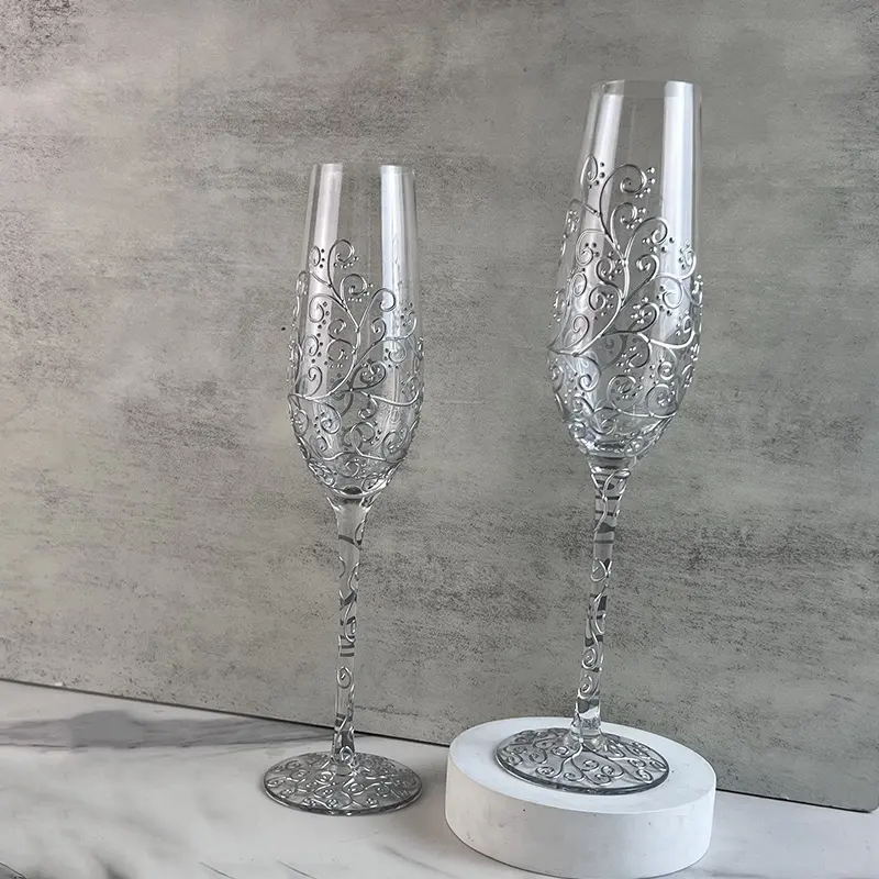 El yapımı 200ml gümüş resimleri desen çiçek şampanya flüt kadehler düğün gözlük kadeh
