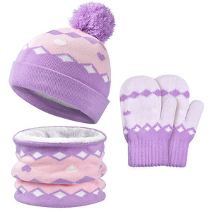 Ensemble bonnet, gants et écharpe pour enfants, 3 pièces, automne/hiver, 100% coton jacquard, motif diamant et cœur, tricot chaud - Product Image 3