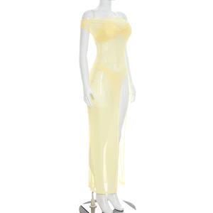 Viviblook Y26ST178 Ensemble d'été pour femme Nouveau sexy ensemble trois pièces : crop top bustier, string et robe longue fendue en maille transparente - Product Image 2