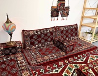Ensemble de coussins de sol tissés brodés vintage orientaux anatoliens pour deux personnes, motif géométrique bordeaux avec garnissage en mousse densité 22