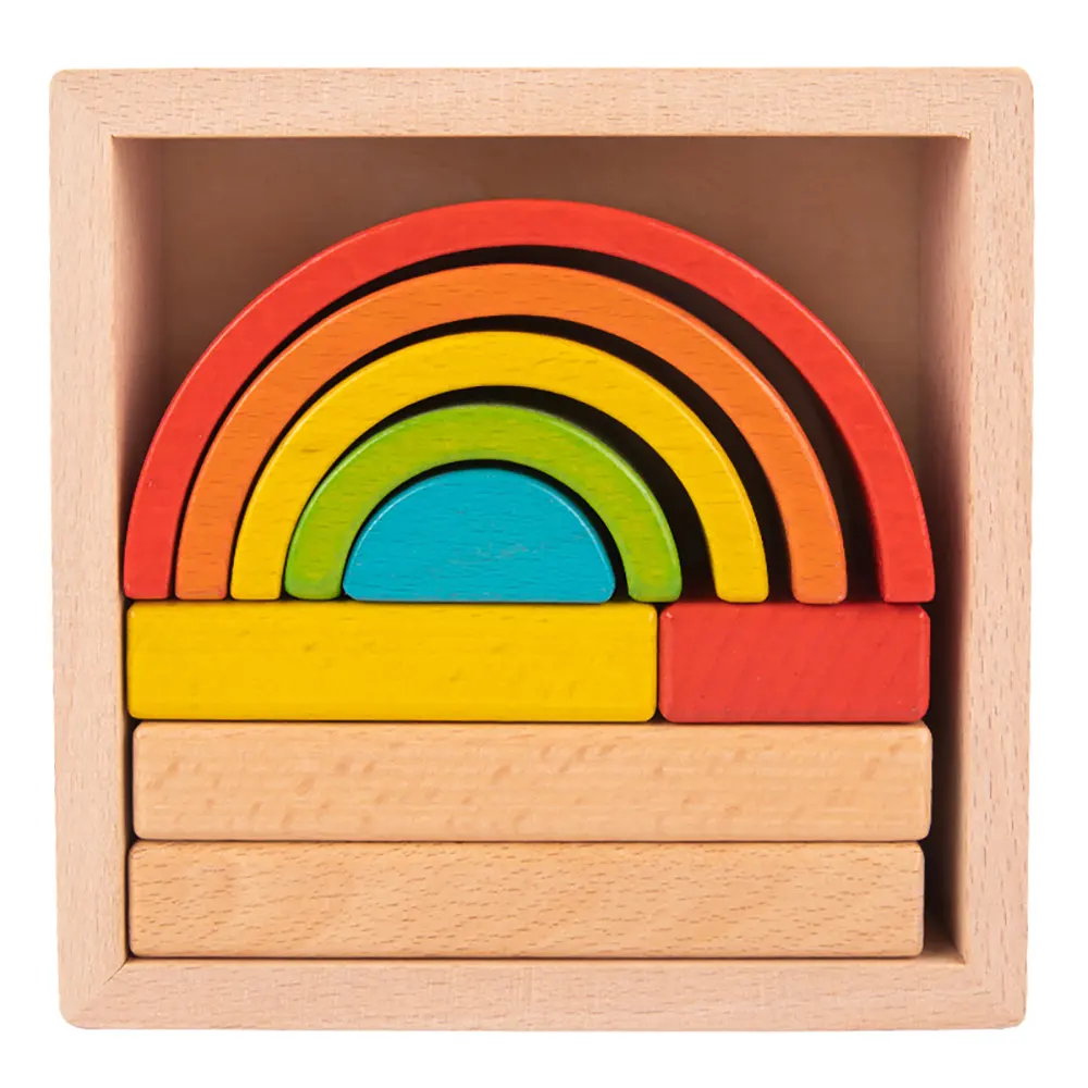New Solid Colorful Custom kid Montessori Game Educational Stone Bridge Rainbow Wooden Toys Stacker Kid Building Blocks