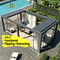 Pergola motorisée intelligente en aluminium avec lames orientables rétractables, écran ZIP en option, porte vitrée, capteur de pluie, chauffage