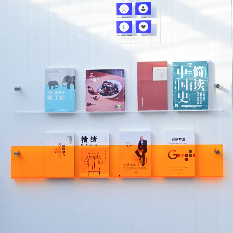 Rak buku akrilik, oranye, rak pajangan akrilik, gaya minimalis, dekorasi toko buku, rak buku dinding,.