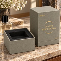 Boîte rigide à couvercle vertical pour parfum, en papier spécial gaufré textile gris clair, avec logo personnalisé, insert en mousse surélevée, 10x10x14cm