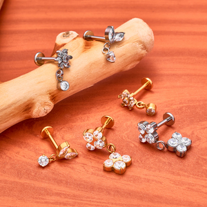 G23 Titanium 16G Argent/Or Plaqué <span class=keywords><strong>Piercing</strong></span> d'<span class=keywords><strong>oreille</strong></span> <span class=keywords><strong>Double</strong></span> Zircon Fleur Dangle Flat Back Stud Labret Lip Helix <span class=keywords><strong>Tragus</strong></span> Party - Product Image 5