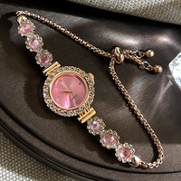 Jam Tangan Wanita Model Tarik dengan Tali, Desain Sederhana, Berlian, Bunga, Warna-warni, Dial Kecil, Temperamen Elegan, Laris untuk Bisnis