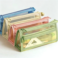 Pochette à crayons triangulaire double couche en PVC avec logo personnalisé, transparente, visible, grande capacité, fermeture éclair, pour l'école et le bureau