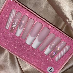 Kits de <span class=keywords><strong>uñas</strong></span> de ataúd de cubierta completa Extra larga de acrílico hecho a mano ostentoso de lujo decoración de diamantes de imitación 3D estilo francés <span class=keywords><strong>uñas</strong></span> postizas a presión - Product Image 2