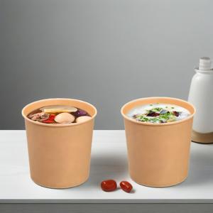 Seaux en papier imprimés personnalisés Seau à soupe en papier kraft pour emballage alimentaire à emporter avec couvercle en papier - Product Image 1