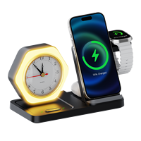 Station de charge sans fil pliable 5 en 1 15W pour téléphone, écouteurs, Apple, Samsung Watch avec horloge à quartz et veilleuse tactile