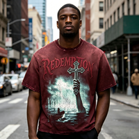 T-shirt surdimensionné pour homme, style grunge vintage streetwear, avec broderie graphique de croix gothique, effet vieilli, couleur bordeaux délavé, personnalisé